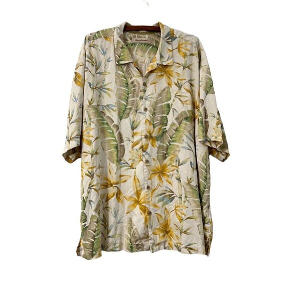 Tommy Bahama Men Beige Bamboo Floral Hawaiian Silk Short Sleeve Button Shirt XXL - Picture 1 of 5